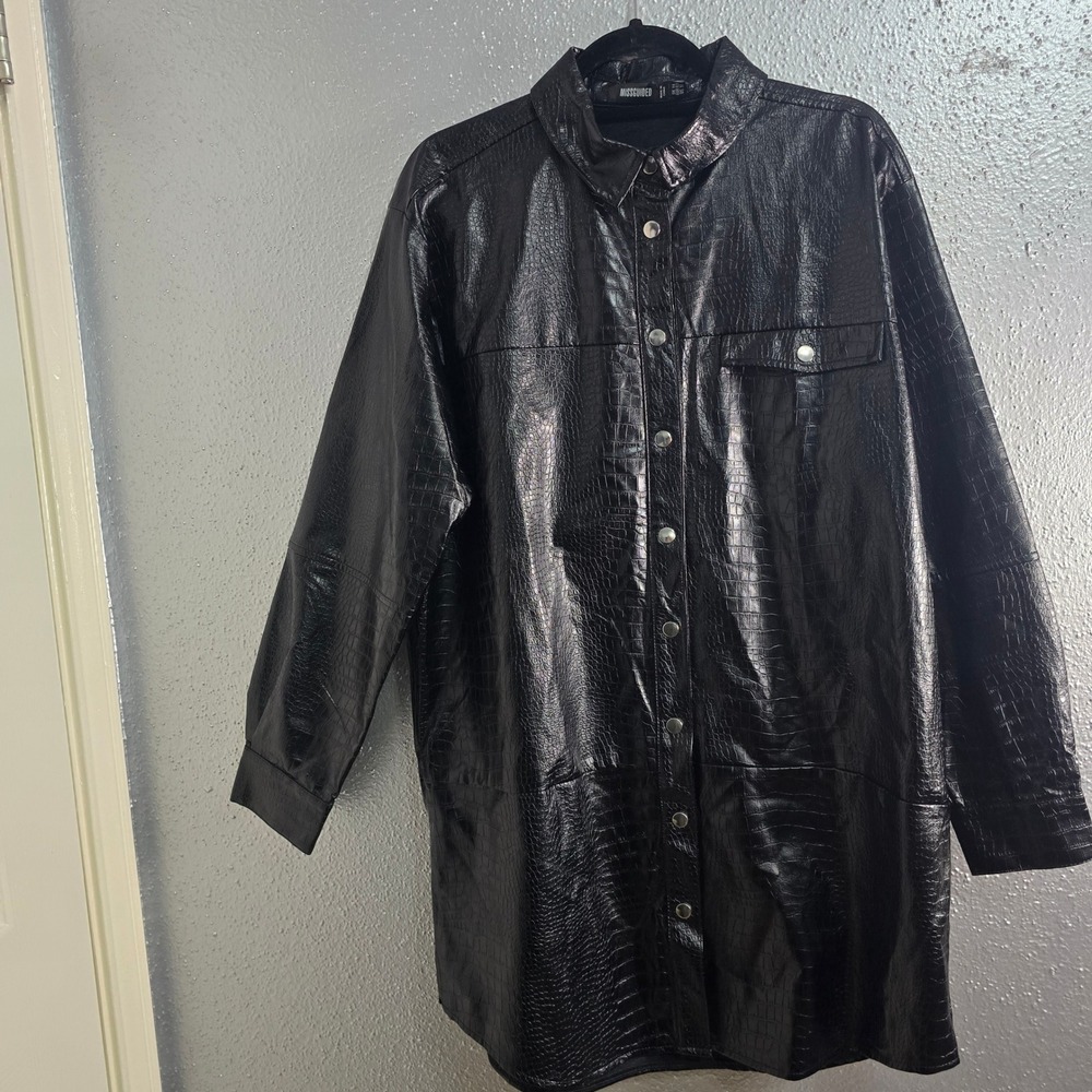 Missguided Black Croc Embossed Faux Leather Shirt Dress Snap Front US 10